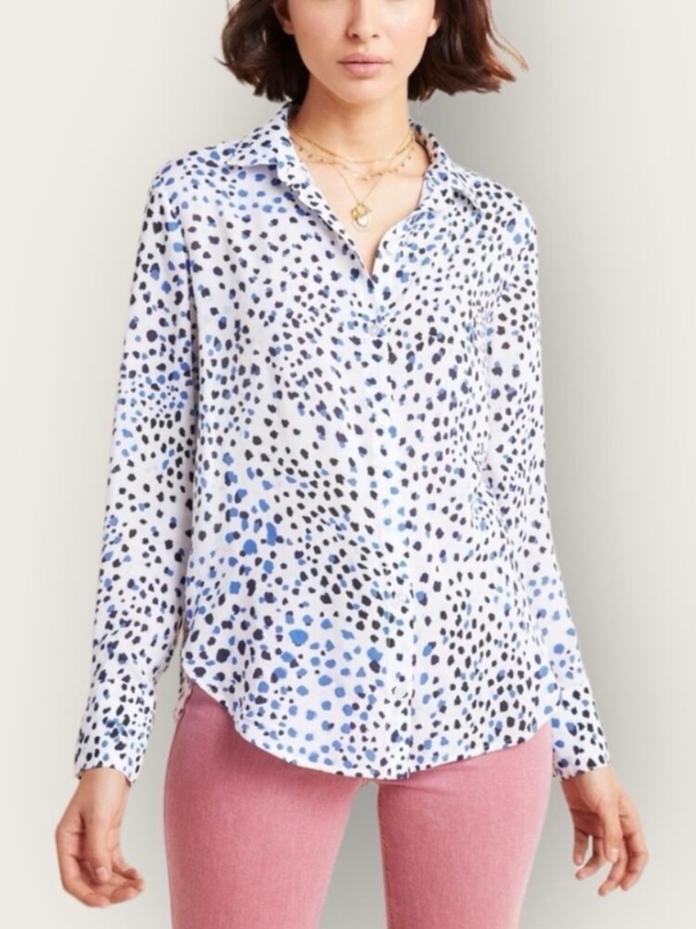 Cloth & Stone Anthropologie Caffrey Button Down Blouse Spotted Blue Black Size S